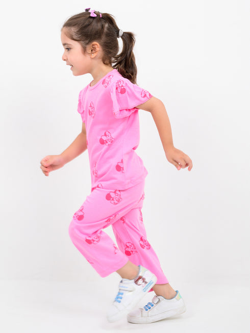 Frill Sleeves Minnie Themed Cotton Trouser Set (Pink)